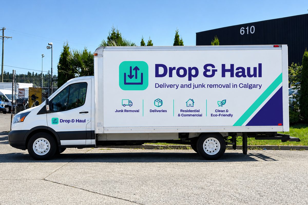 Drop & Haul box truck with the purple and turquoise logo on its side